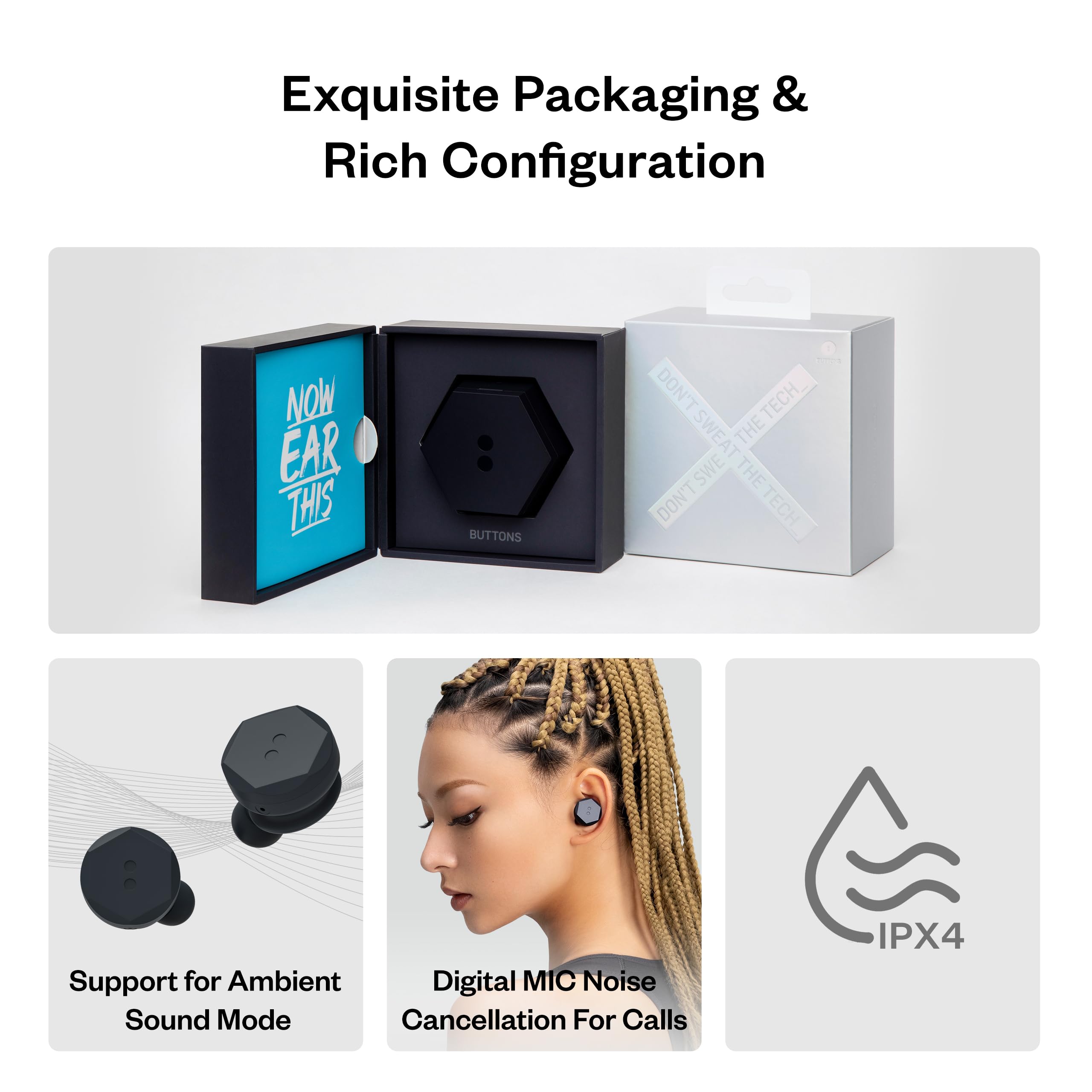 BUTTONS Air X True Wireless Earbuds, Superior Sound, Hybrid ANC in